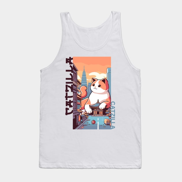 Catzilla Japanese Funny Cat Kawaii Parody Vintage Catzilla Tank Top by rhazi mode plagget